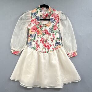 VTG 90s Little Girl Dress Sz 8 Cottagecore Easter Floral Drop Waist Chiffon USA